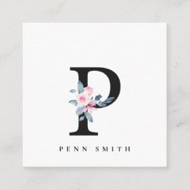 BLUSBLAU BLUE FLORAL ALPHABETS NAME LETTER P QUADRATISCHE VISITENKARTE