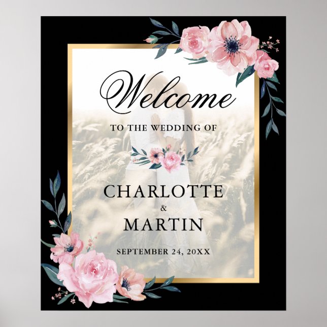 Blush and Black Floral Foto Hochzeitszeichen Poster (Vorne)