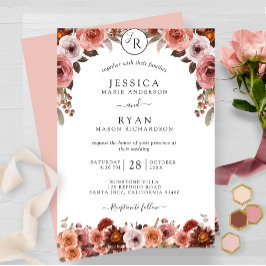Blush and Burgundy, Monogram, Floral Wedding Einladung