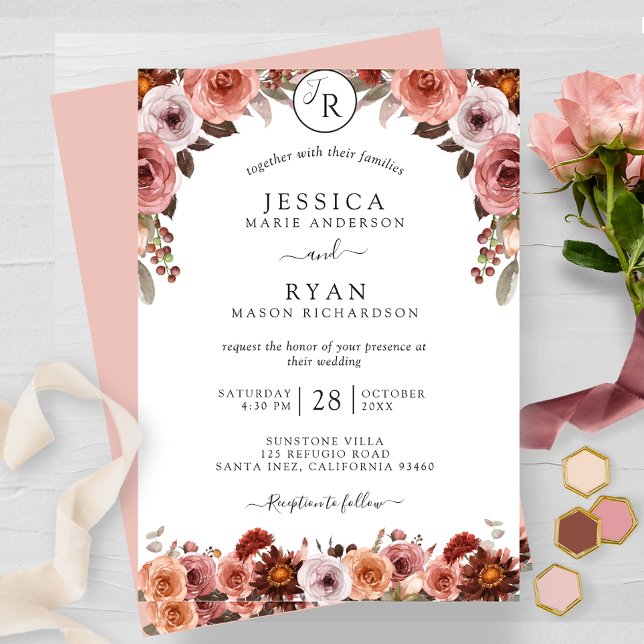 Blush and Burgundy, Monogram, Floral Wedding Einladung (Von Creator hochgeladen)