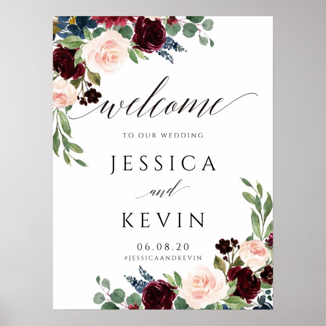 Blush and Burgundy Wedding Willkommenszeichen Poster (Vorne)