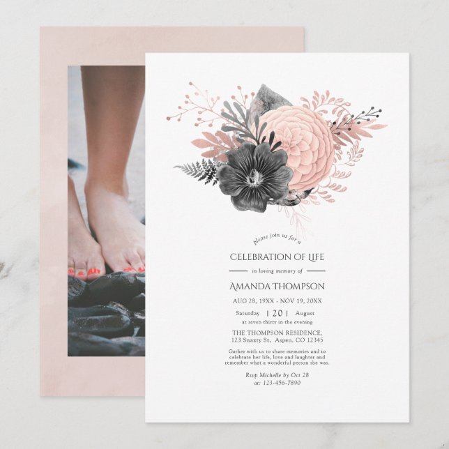 Blush and Charcoole Floral Celebration of Life Einladung (Vorne/Hinten)