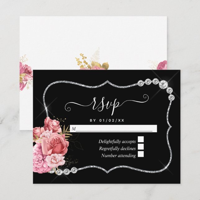 Blush and Gold and Silver Floral Diamond Wedding RSVP Karte (Vorne/Hinten)