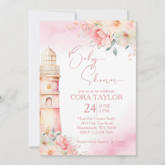 Blush and gold Boho Blumen Leuchtturm Babydusche Einladung