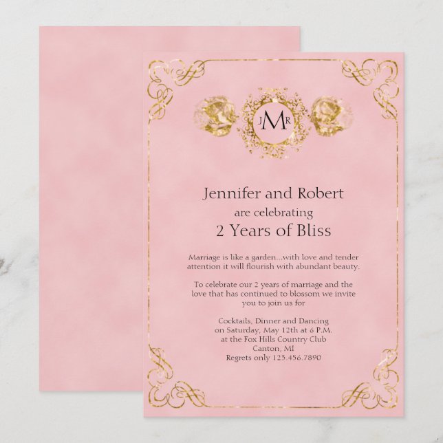 Blush and Gold Cotton 2. Hochzeitstag Einladung (Vorne/Hinten)