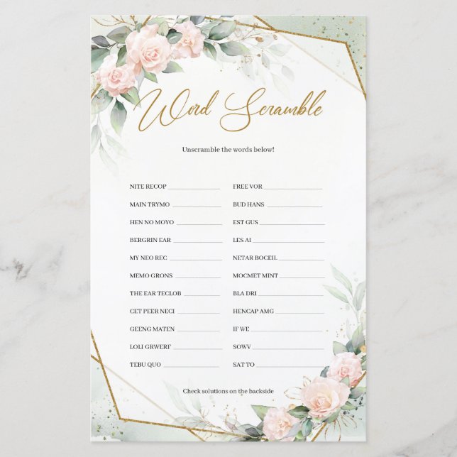 Blush and gold eucalyptus Word Scramble game (Vorderseite)
