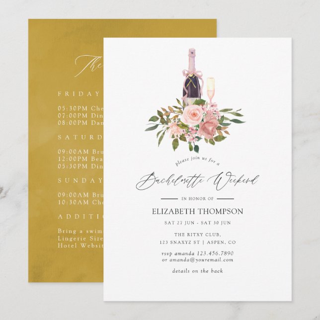 Blush and Gold Floral Bachelorette Wochenende Einladung (Vorne/Hinten)