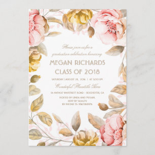 Blush and Gold Floral Watercolor Boho Abschluss Einladung