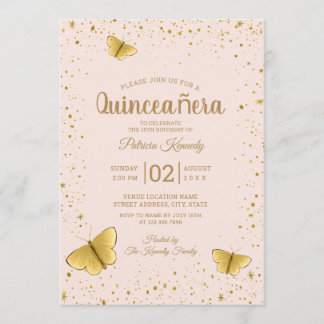 Blush and Gold Glitzer Butterfly Quinceanera Einladung