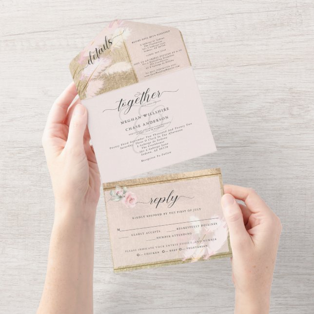 Blush and Gold Pampas Grass Wedding All In One Einladung (Abreißen)