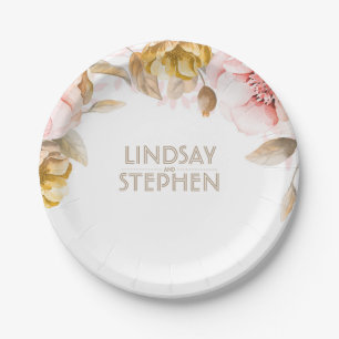 Blush and Gold Wasserfarbe Blumenkuchen Hochzeit Pappteller