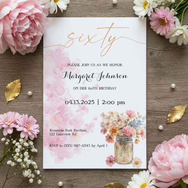Blush and Gold Watercolor Birthday Celebration Einladung (Soft pink and gold watercolor floral 60th birthday invitation design with elegant feminine style)