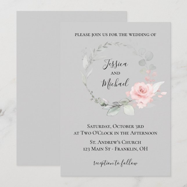Blush and Grey Weditation - Rose Kranz Einladung (Vorne/Hinten)
