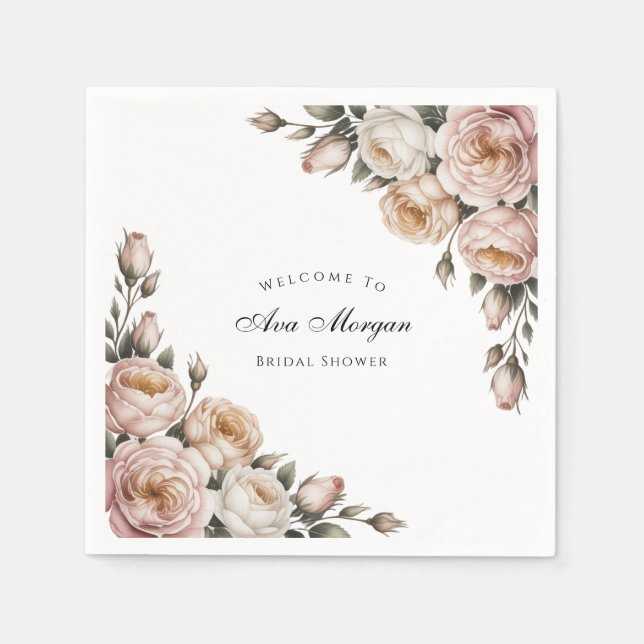 Blush and Ivory Rose Floral Bridal Shower Serviette (Vorderseite)