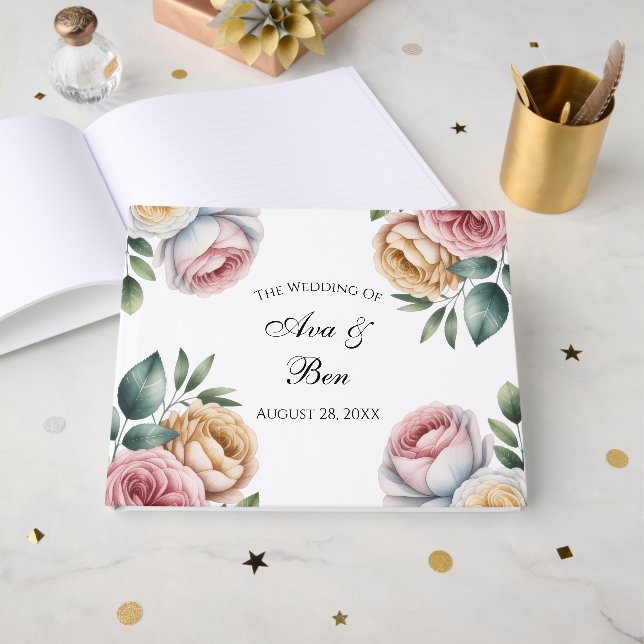 Blush and Ivory Rose Floral Wreath Wedding Gästebuch (Vorderseite Offen)