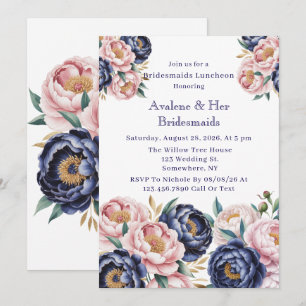 Blush and Navy Blue Peony Bridesmaids Luncheon Einladung