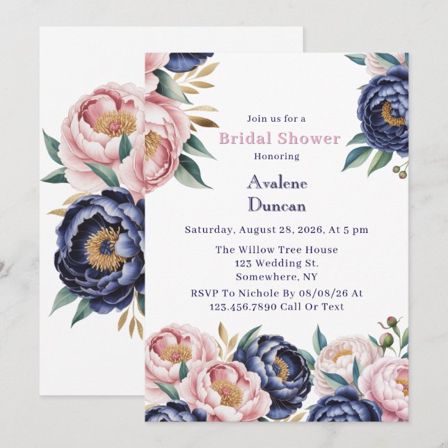 Blush and Navy Blue Peony Brunch and Bubbly Einladung (Vorne/Hinten)