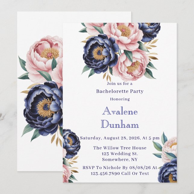 Blush and Navy Blue Peony Junggeselinnen-Abschied Einladung (Vorne/Hinten)