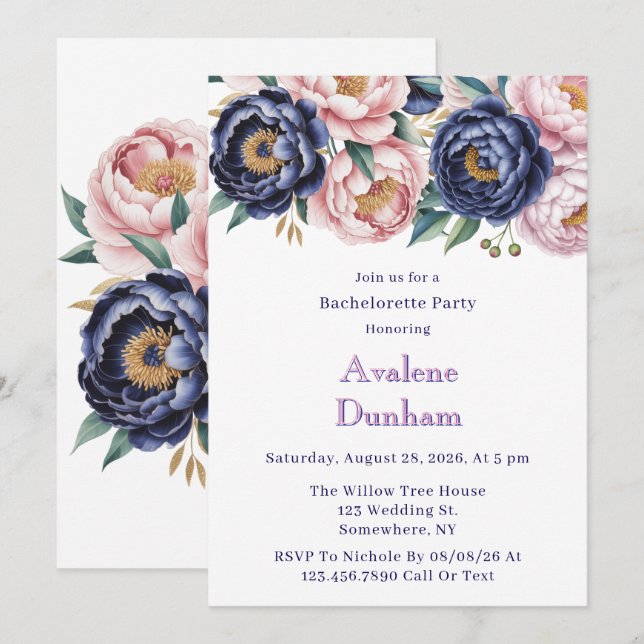 Blush and Navy Blue Peony Junggeselinnen-Abschied Einladung (Vorne/Hinten)