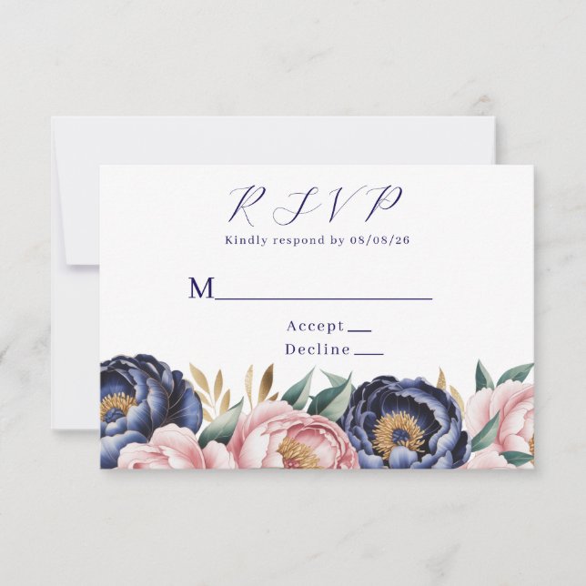 Blush and Navy Blue Peony Wedding RSVP Karte (Vorderseite)