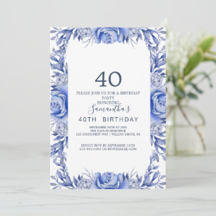 Blush and Navy Blume Blue Wreath 40. Geburtstag Einladung