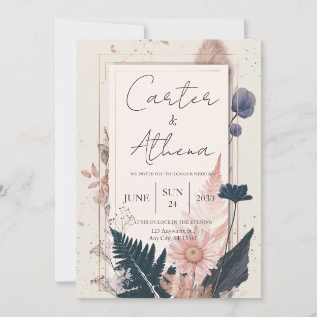 Blush and Navy Botanical Wedding Einladung (Vorderseite)