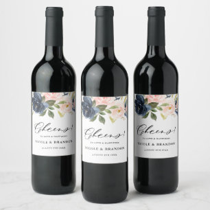 Blush and Navy Floral Bouquet Cheers Wedding Weinetikett