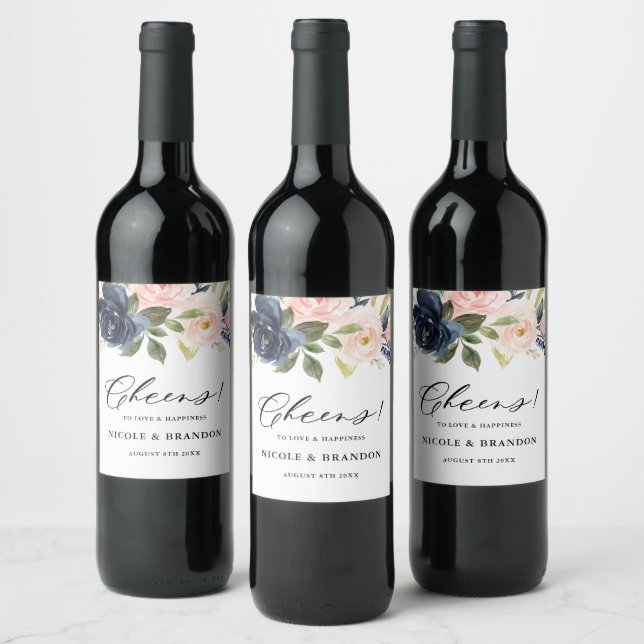 Blush and Navy Floral Bouquet Cheers Wedding Weinetikett (Flaschen)