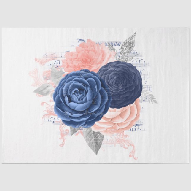Blush and Navy Floral Ephemera Serie Design 4 Seidenpapier (Vorderseite)