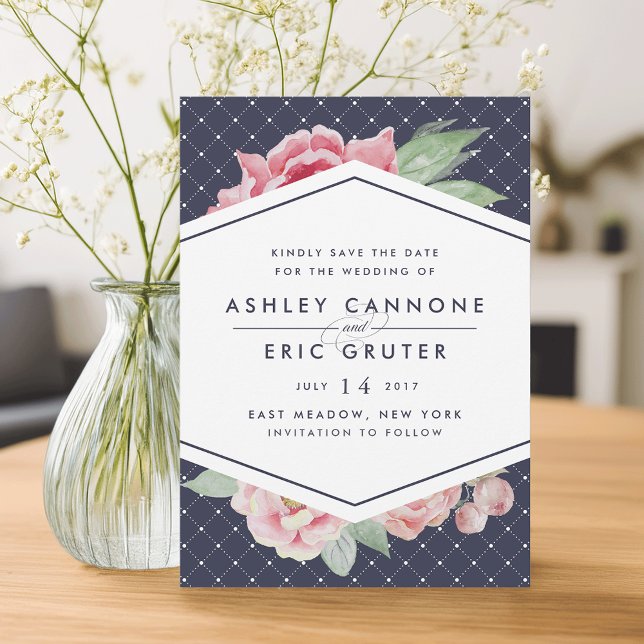Blush and Navy Geometric Floral Save the Date (Von Creator hochgeladen)