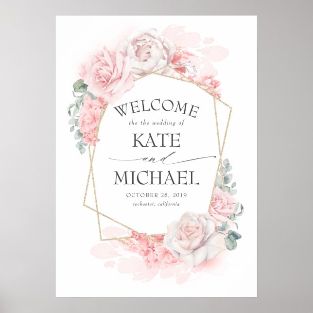 Blush and Pink Floral Wedding Willkommen Poster (Vorne)