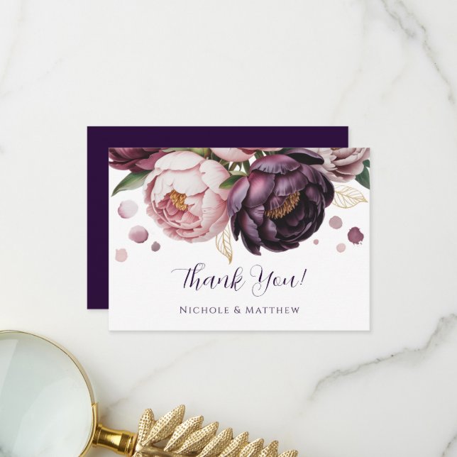 Blush and Plum Peony Floral Wedding Dankeskarte (Vorderseite/Rückseite Beispiel)