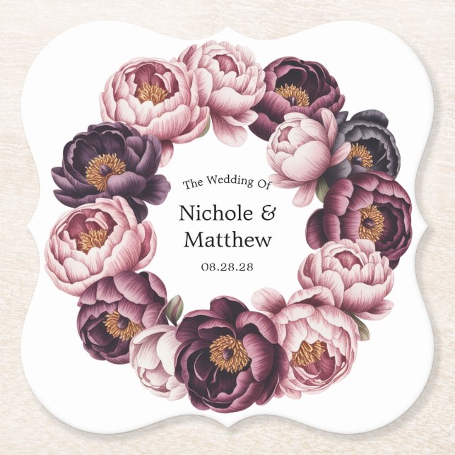 Blush and Pum Peony Wreath Wedding Untersetzer (Vorderseite)