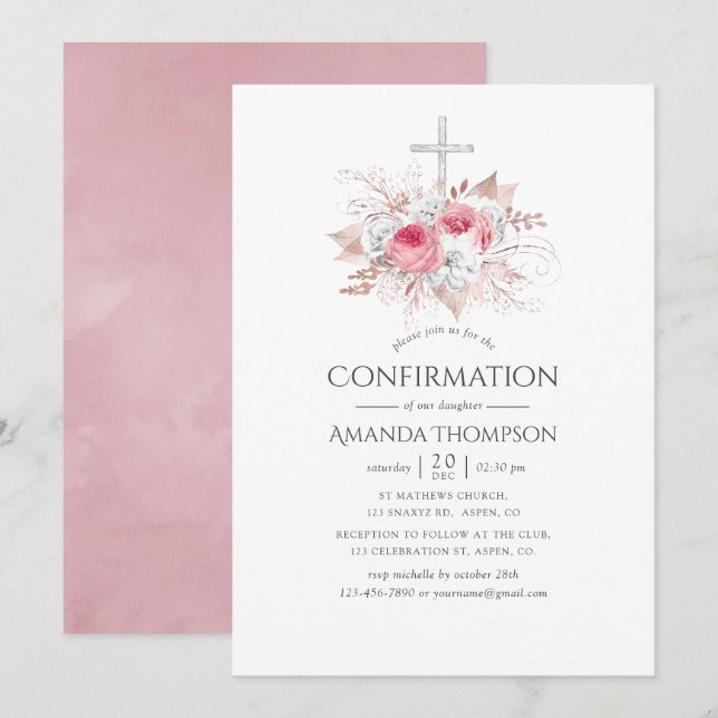 Blush and Rose Gold Floral Bestätigung Einladung (Vorne/Hinten)