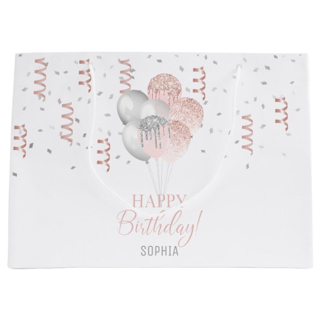 Blush and Silver Balloons Birthday  Große Geschenktüte (Vorderseite)