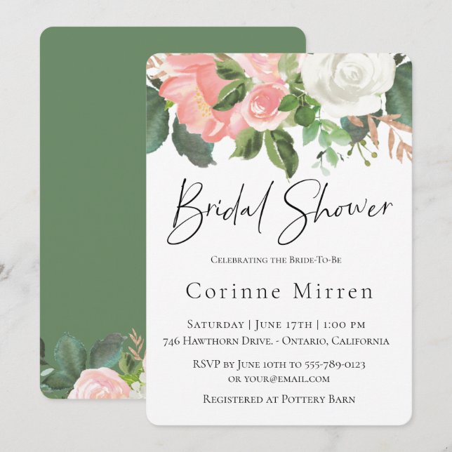 Blush and White Floral Bridal Dusche Einladung (Vorne/Hinten)