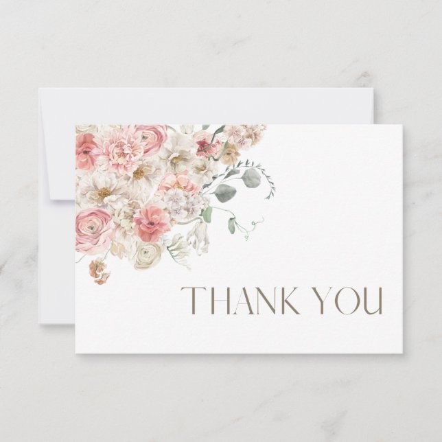Blush and White Floral Danke Karte (Vorderseite)