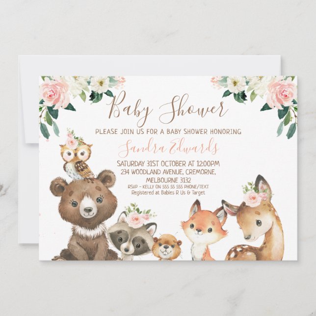 Blush and White Floral Woodland Babydusche Einladung (Vorderseite)