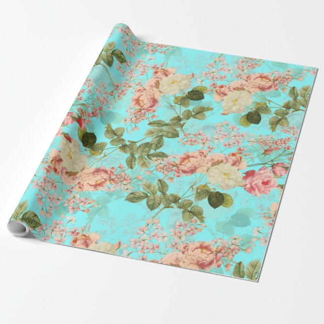 Blush Antique Redouté-Rose mit aquamarinem Muster Geschenkpapier (Ungerollt)