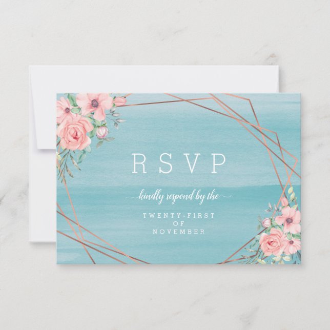 Blush Aqua Beachy Wasserfarbe Hochzeitsfeier RSVP Karte (Vorderseite)