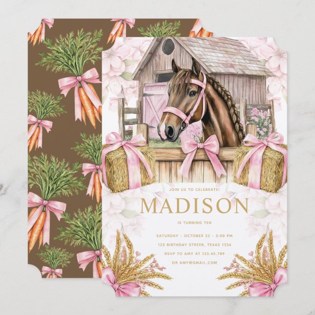 Blush Barn Horse Birthday Invitation for Girls (Devant / Derrière)