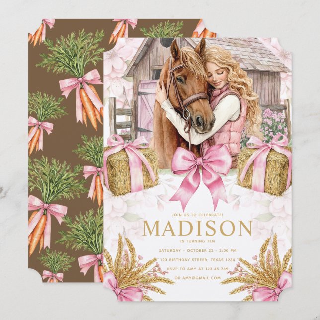 Blush Barn Horse Birthday Invitation with Girl (Devant / Derrière)