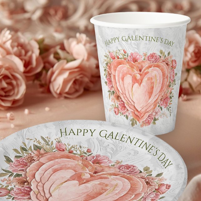 Blush Baroque Rococo Floral Heart Galentine   Pappbecher (Von Creator hochgeladen)
