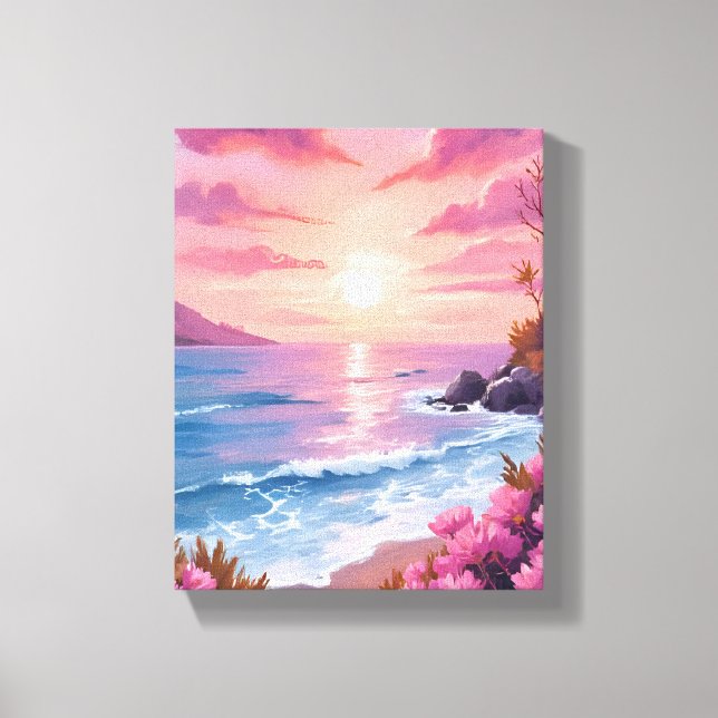 Blush Beach Bay | Ocean Sunset Pink Watercolor Leinwanddruck (Vorderseite)