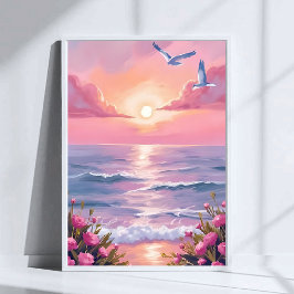 Blush Beach | Rosa Sonnenuntergang am Meer, Küsten Poster