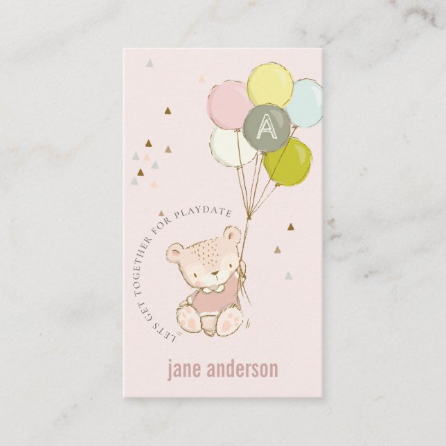Blush Bear Ballon Monogram Kids Playdate Calling Visitenkarte (Vorderseite)