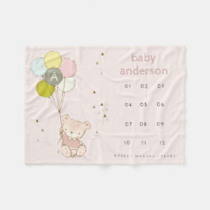 Blush Bear Balloon Girly Monogram Baby Milestone Fleecedecke