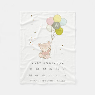 Blush Bear Balloon Girly Monogram Baby Milestone Fleecedecke