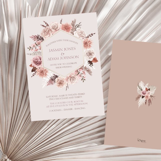 Blush Beige Pampas Floral Boho Wedding Einladung (Boho Blush Pink Dried Flowers Wreath Wedding Invitation)