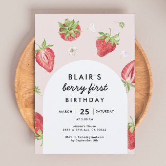 Blush Berry First Birthday Strawberry Thema Einladung